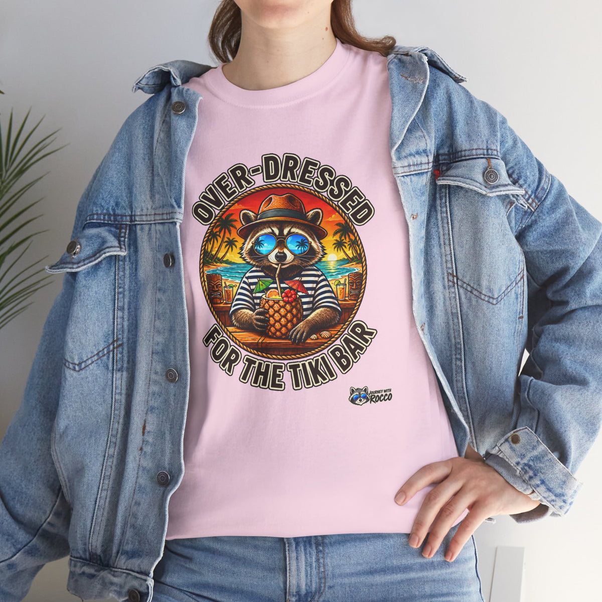 Rocco Raccoon “Over-Dressed for the Tiki Bar” T-Shirt | Retro Tropical Beach Tee | Journey with Rocco Series