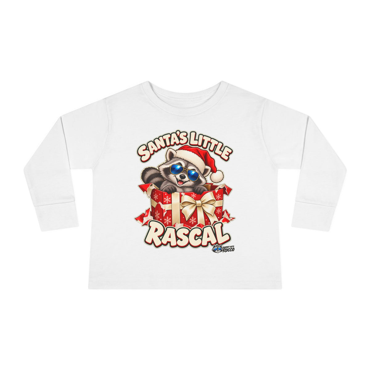 Rocco Toddler Long Sleeve Tee — "Santa's Little Rascal" Christmas Raccoon Holiday Red Gift Box Shirt