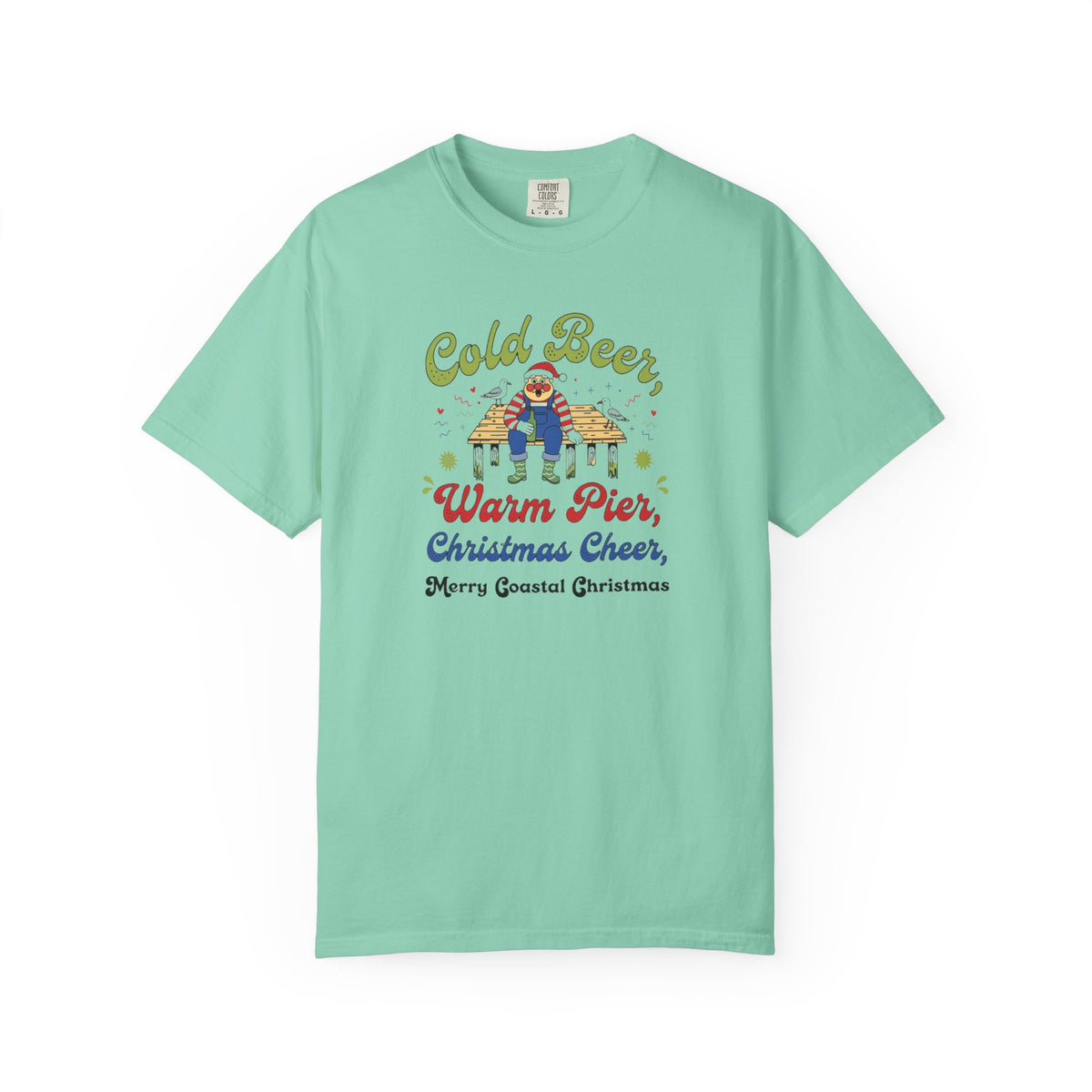 Cold Beer Warm Pier Merry Coastal Christmas T-Shirt | Santa Beach Graphic Tee