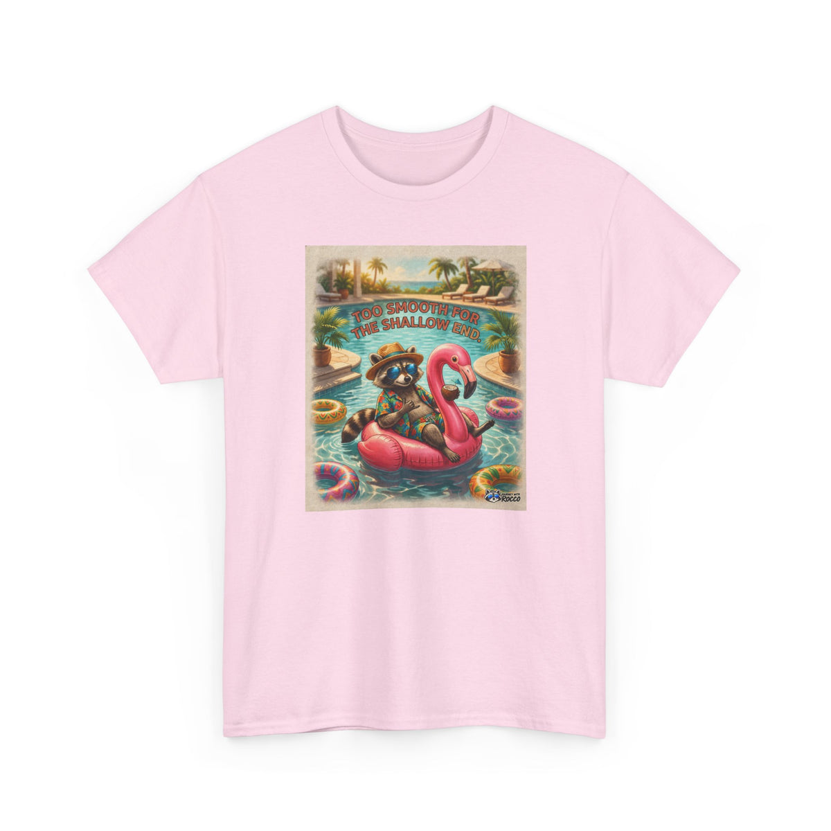 Rocco Raccoon “Too Smooth for the Shallow End” T-Shirt | Funny Summer Beach Tee | Journey with Rocco Series