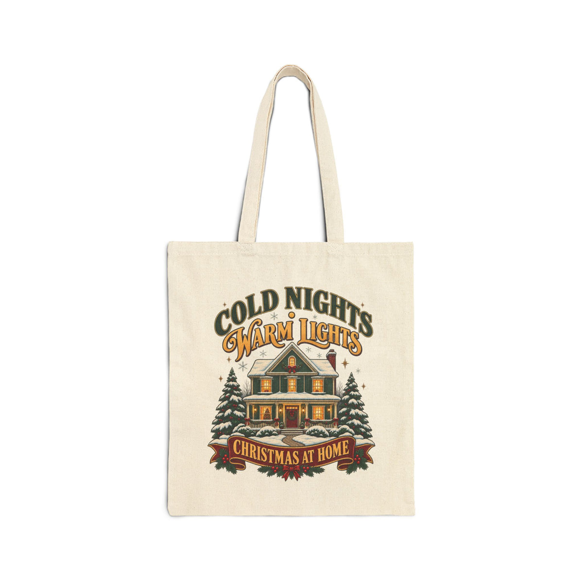 Cold Nights Warm Lights Christmas at Home Tote Bag | Festive Natural Canvas Shopping Tote