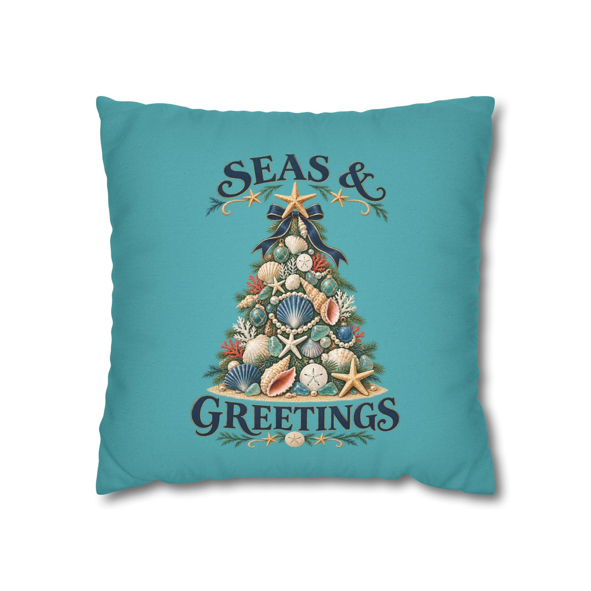 Seas and Greetings Seashell Christmas Tree Throw Pillow | Coastal Holiday Decor