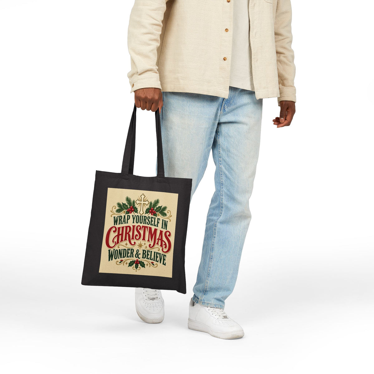Wrap Yourself in Christmas Wonder & Believe Tote Bag | Holiday Shopping Canvas Tote