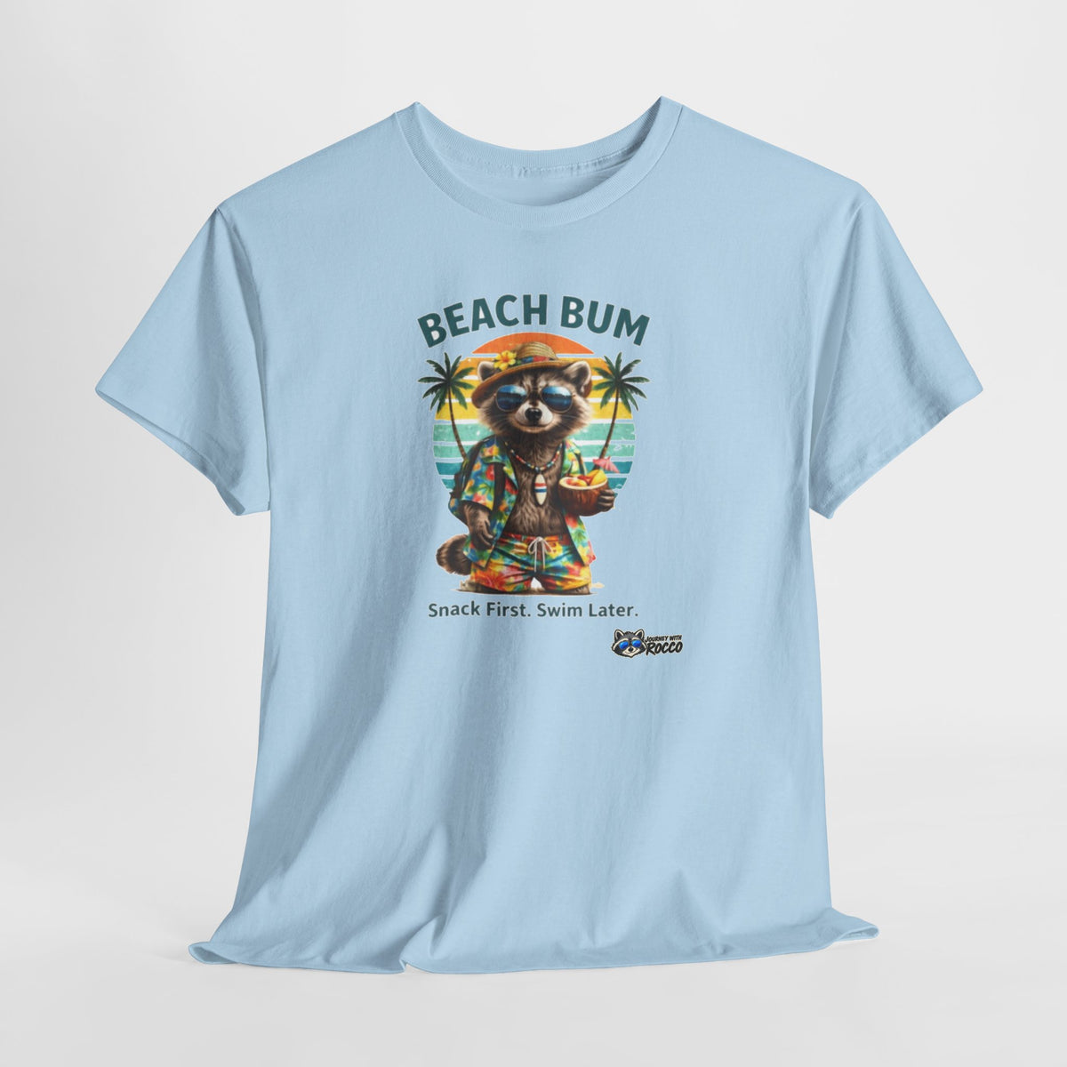 Rocco Raccoon "Beach Bum" T-Shirt | Funny Beach Humor Tee | Journey with Rocco Series